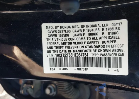 2017 Honda Civic Lx from USA, damaged, VIN 19XFC2F66HE054754